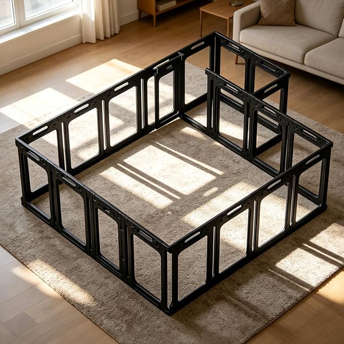 Acrylic Dog Playpen Indoor, Height 30", 20 Panels, Modular 2 Room & Toilet Area, Ideal for Small & Toy Dogs, Black