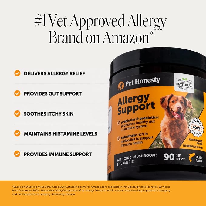 Pet Honesty Dog Allergy Chews - for Paw Licking, Itching & Seasonal Allergies - with Colostrum, Probiotics & Salmon Oil - Vet Recommended Itch Relief Supplement for Dogs (Salmon, 90 Ct)