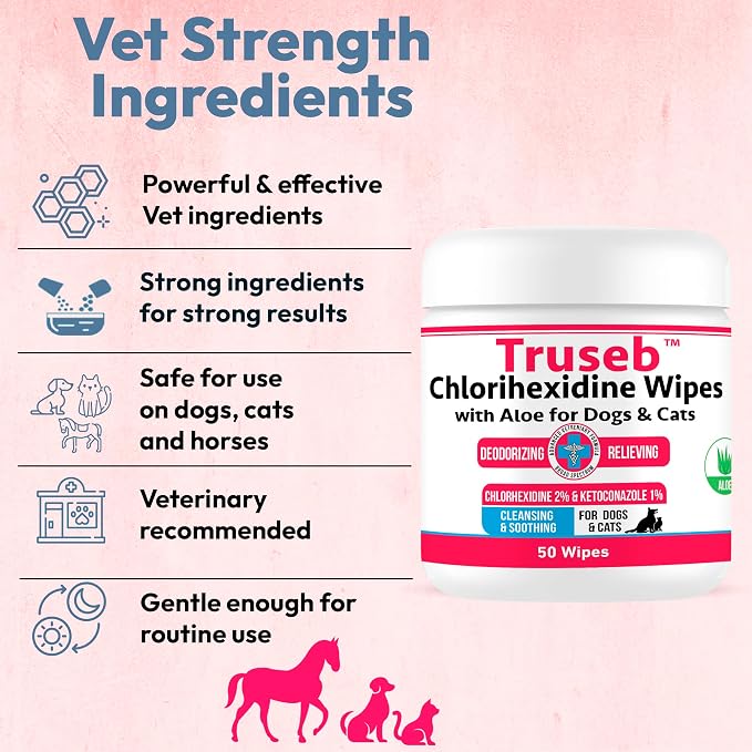 Pet Health Pharma Truseb Topical for Dogs, Cats and Horses - with Aloe for Cleansing (Ketoconazole & Chlorhexidine Wipes, 100 Count)