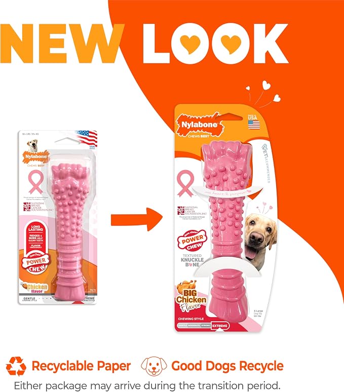 Nylabone Power Chew Breast Cancer Awareness Femur Bone Chew Toy for Dogs, Indestructible Dog Toys for Aggressive Chewers, Chicken Flavor, X-Large/Souper (1 Count) | X-large, chicken flavor, teeth-cleaning textures, durable dog toys for aggressive chewe...