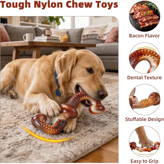 Dog Chew Toys for Aggressive Chewers, 3-Pack Tough Nylon | Dog Bones with Bacon Flavor for Medium & Large Dogs, Dental Cleaning, 3 Unique Shapes, Keeps Dogs Busy