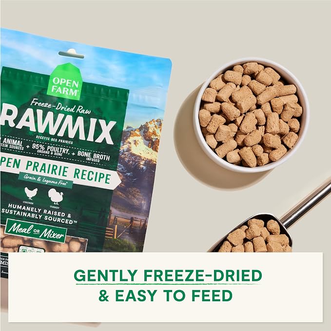 Open Farm, RawMix Freeze Dried Raw Morsels, Dog Food Topper & Meal Mixer, High Protein & Bone Broth Infused with 95% Real Meat, Organs & Bones, Open Prairie Recipe with Chicken & Turkey, 13.5oz Bag
