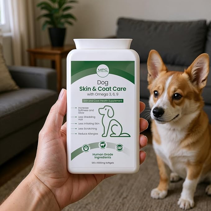 Dog Skin & Coat Supplement | Omega 3-6-9 Softgel Capsules | EPA, DHA & Linoleic Acid | Reduces Itching, Shedding & Dry Skin | Visibly Shinier Coat | Human Grade Ingredients | UK GMP | 120 Count