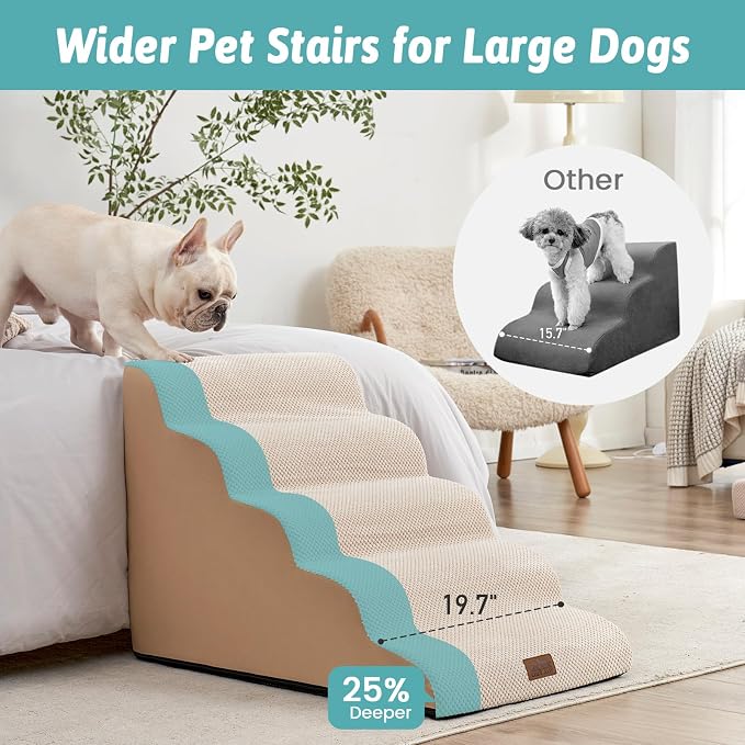 COZY KISS Wide Dog Stairs 19.7" Width, Pet Step for Small Medium/Large Dog, Puppy or Cat, Pet Ramp for High Bed or Car, High Density Foam Ladder, Stable, 5 Step, 19.7x33x22.4 in, Beige