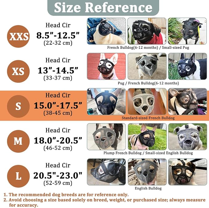 Mesh Short Snout Dog Muzzle with Anti-Eating Design for Frenchie | Fits French Bulldog Pug English Bulldog, Prevent Scavenging, Walking Grooming Use , Allows Full Panting Drinking | Grey, S