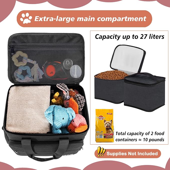 Dog Travel Bag Large Set with Food Containers, Bowls & Feeding Mat, Black