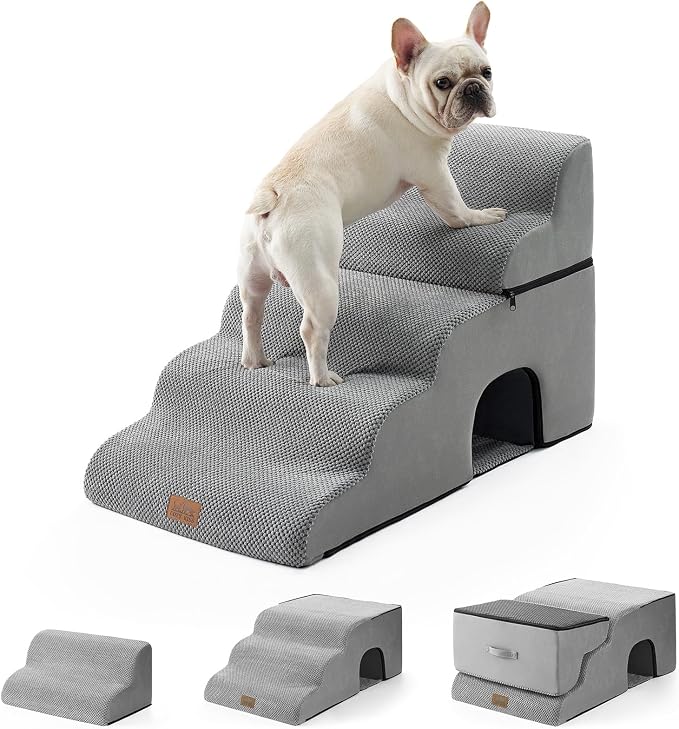 COZY KISS Small Dog Stairs with Tunnel, 5 Step Pet Ramp for High Bed | Curved Stable Dog Step for Puppy, Older Cat, Senior, Medium, Short-Legged Dog, Non-Slip Ladder for Car, 22.4" H, Grey