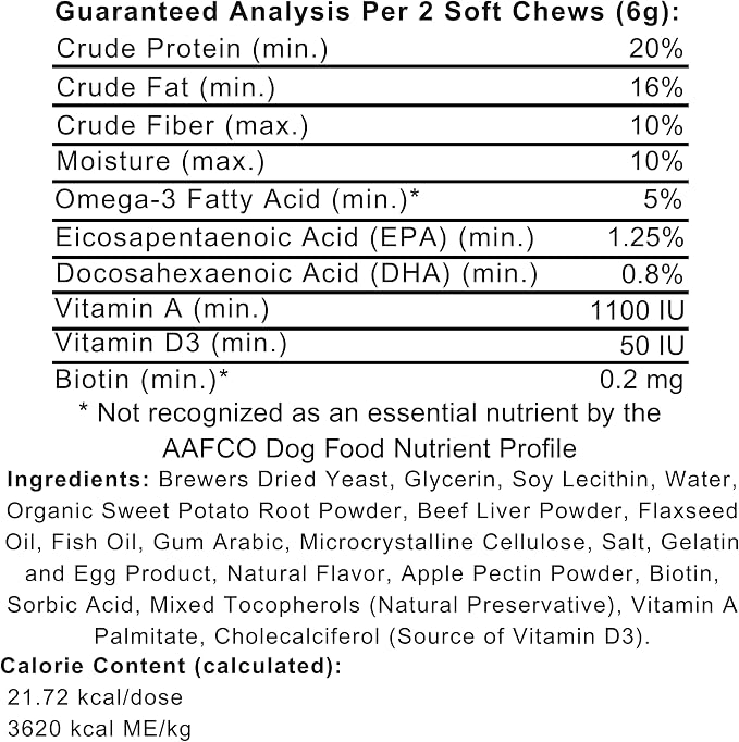 Skin & Coat Soft Chews for Dogs with Omega-3 Fish Oil (EPA & DHA), Biotin, Vitamins A & D3 - Approx. 60 Soft Chews - Made in the USA