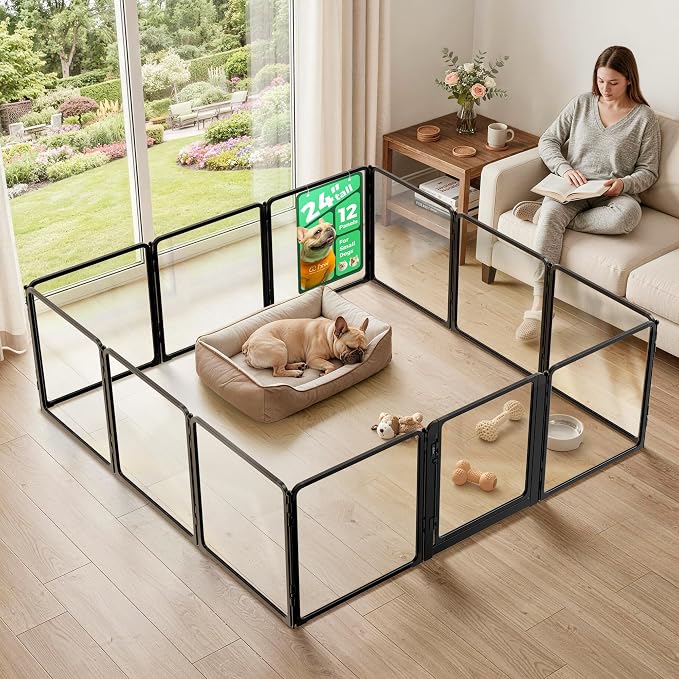 FXW AuraSpace Pro Acrylic Indoor Dog Playpen, Heavy-Duty with Metal Frame, 24" Height 12 Panels for Puppies & Small Dogs, Black│Patented
