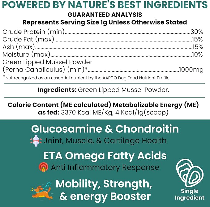Green Lipped Mussel for Dogs - 2.12 oz of Green Lipped Mussel Powder for Dogs - Good for Joint and Ligament Health - Made in The USA