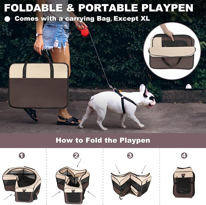 Aivituvin Dog Playpen with Carrying Bag, Removable Shade Cover, Brown, M