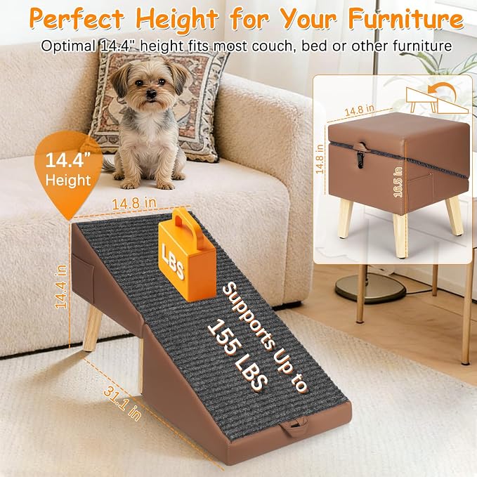 2-in-1 Foldable Dog Ramp for Couch and Bed, 14.4" H Dog Ramps for Small Dogs and Cats, Wooden Pet Stairs with Non-Slip Mat & Side Pockets, Split Ottoman Pet Ramp Steps for Medium Dogs, Puppy
