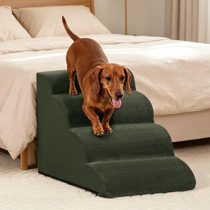 Aodisman Dog Stairs Ramp for Bed and Couch,4 Step Dog Steps for Small Dogs,Pet Stairs with Non-Slip Bottom for Old Cats,Indoor Pet Steps,Comfort,Durable,17.4" H,Green