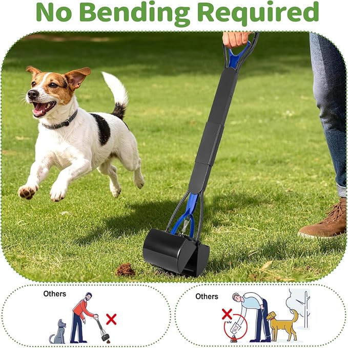 28" Pooper Scooper with Bags & Dispenser Attachment, Long Handle Dog Poop Scooper for Large/Small Dogs, High Strength Spring No-Bend Poop Scoop, Foldable Poop Picker Upper for Grass/Gravel Pick Up