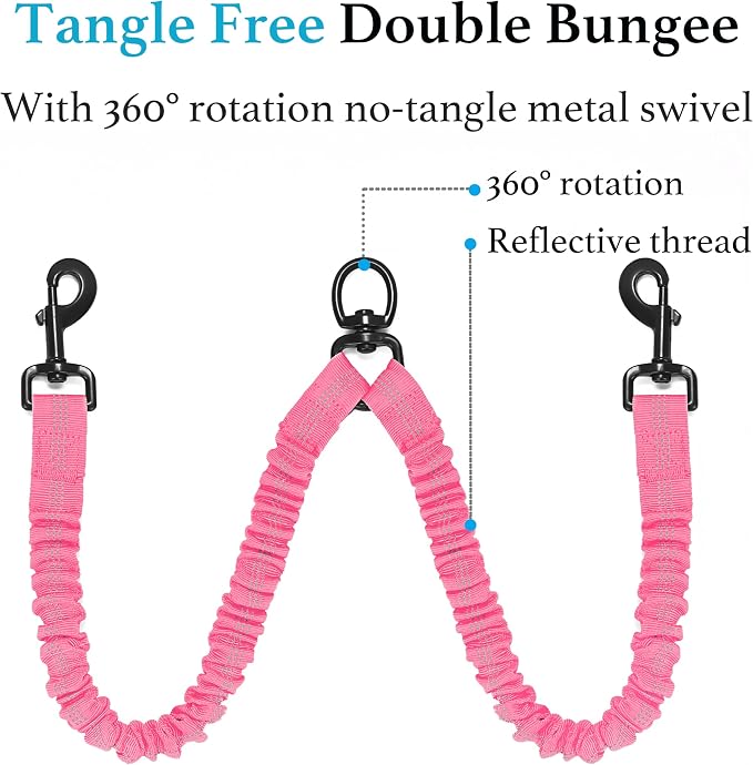 iYoShop Double Dog Leash, 360° Swivel, No Tangle, Large, 25-150 lbs, Pink | Dual Leash for Two Dogs, Split Leash, Shock-Absorbing Bungee, Padded Handle, Heavy-Duty Rope