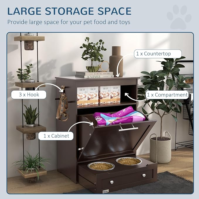 PawHut Dog Feeding Station with Raised Bowls, Dog Food Storage Cabinet with Hanger for Feeding & Watering Supplies, Pet Feeder Station, Brown