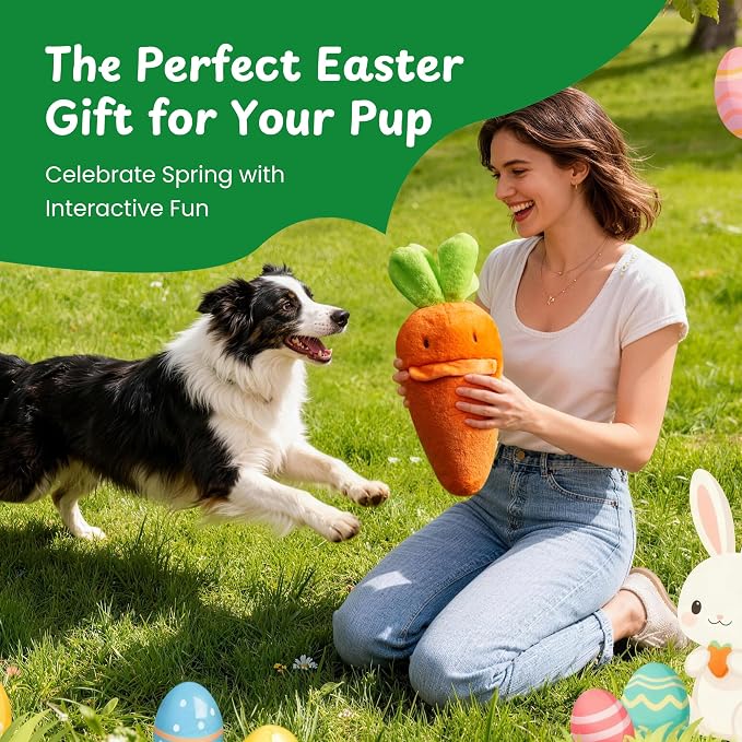 Nocciola Carrot Dog Toys – Easter Squeaky Toys-in-Toys: 5 Small Carrots Inside a Large Plush Carrot with Squeaker & Crinkle Sounds for Small, Medium, Large Breeds, Spring Pet Gifts