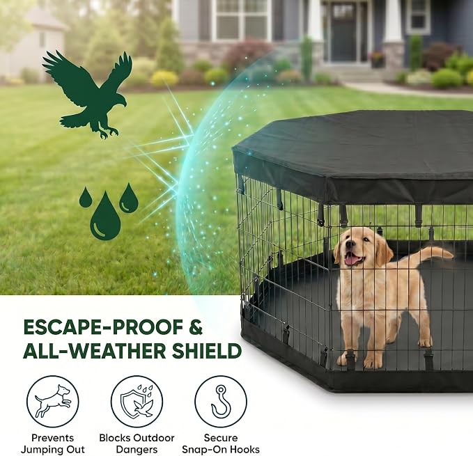 PJYuCien 2-in-1 Octagonal Dog Playpen Pad, 24" Side Waterproof Bottom Liner Escape-Proof Top Cover, 600D Oxford with Snap Hooks for Puppy Small Animals, Black