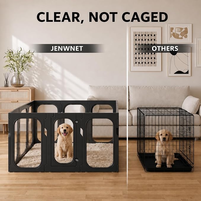 Acrylic Clear Dog Playpen Indoor with Door, 26'' H Transparent Dog Play Pen for Small Dogs, No-Connector Modular Puppy Playpen with Integrated Suction Cups Base, 10 Panels, Black