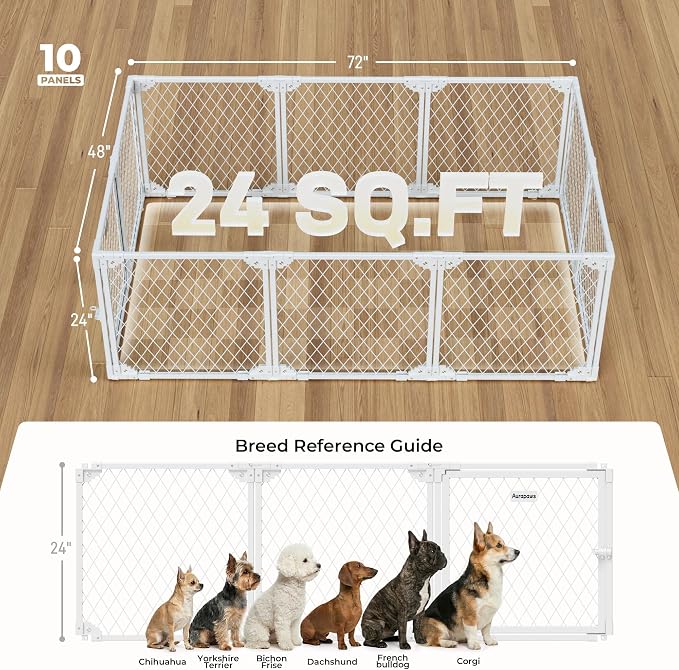 Dog Playpen Indoor - 24" Height 10 Panel Diamond Mesh Chew Resistant Puppy Playpen, Tool-Free Assembly, Dog Exercise Pen Indoors for Puppies and Small Dogs&Pets, Portable White Metal Dog Pen
