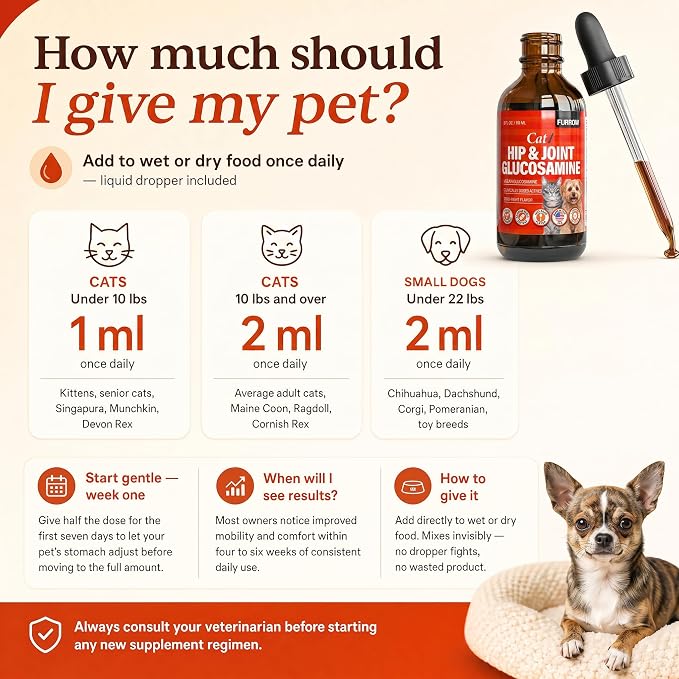 Furrow Liquid Glucosamine for Cats and Small Dogs — Hip & Joint Supplement with MSM, Chondroitin, Taurine & Hyaluronic Acid, Chicken Gravy Flavor — Joint Support for Pets Under 22 lbs