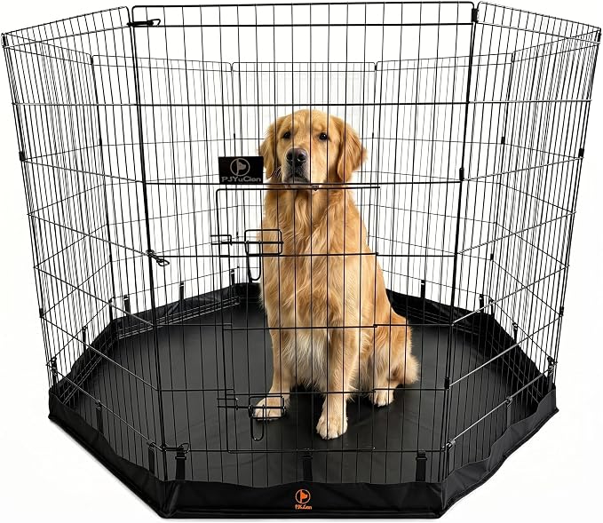 PJYuCien Octagonal Dog Playpen with Bottom Pad - Metal Foldable Exercise Pen, 8 Panels 42" H x 24" W Indoor Outdoor Pet Fence Puppy Crate Kennel, Black