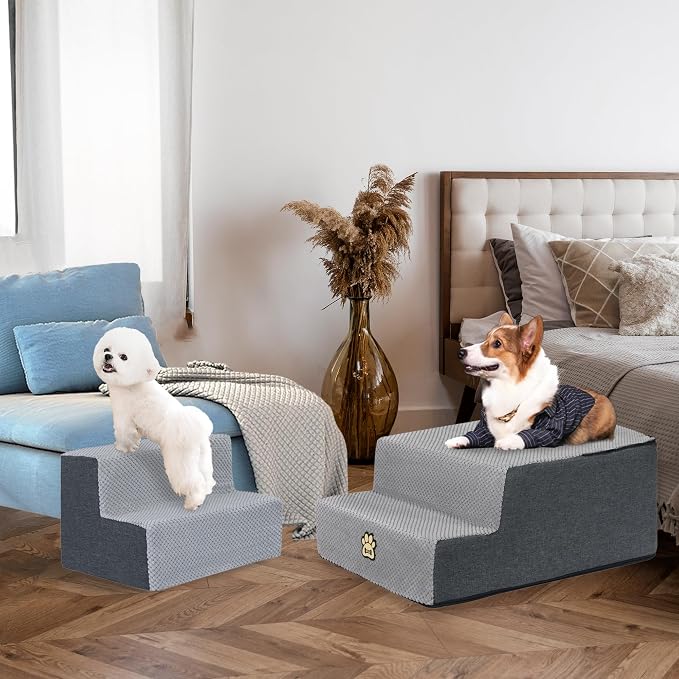 Dog Stairs for Couch Sofa and Bed, 4-Step Foam Pet Stairs 18 Inch H, Dog Steps for Small Dogs Cats Puppies, High-Density Foam Pet Ladder with Washable Cover Non-Slip Bottom, Gray