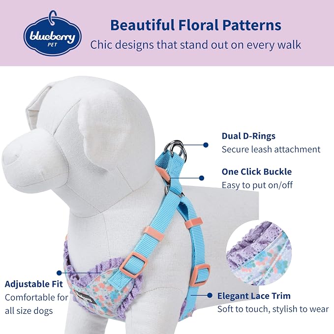 Blueberry Pet Soft & Comfy Made Well Lovely Floral No Pull Mesh Puppy Dog Harness Vest in Lavender, Chest Girth 14"-16", X-Small, Adjustable Harnesses for Dogs & Cats