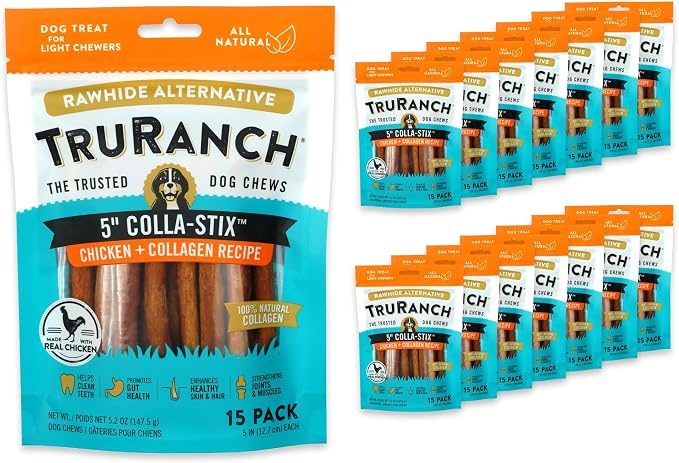 TRURANCH Collagen Sticks - 5" Collagen Sticks for Dogs - Long Lasting Healthy Joint Support - Rawhide Alternative - Skin & Coat Health - Made with Real Chicken, Value Pack, 15 Bags, 225 Count