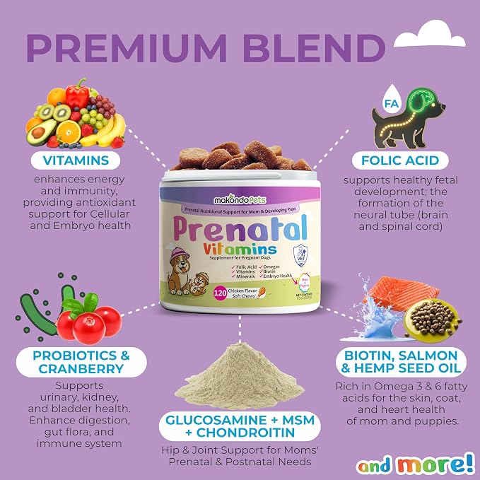 Dog Prenatal Vitamins, 120 Soft Chews Multivitamin, Mom & Puppy Vitamins