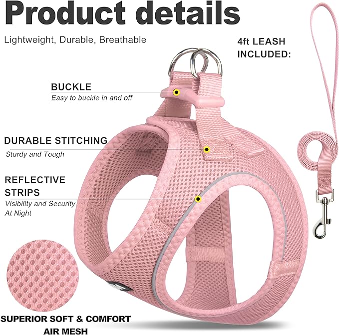 Fida Comfy Dog Harness with Leash, Soft Puppy Vest Escape Proof, Breathable Lightweight Soft Mesh, Adjustable Reflective Step-in Harness for Extra-Small Dogs (XS, Pink)