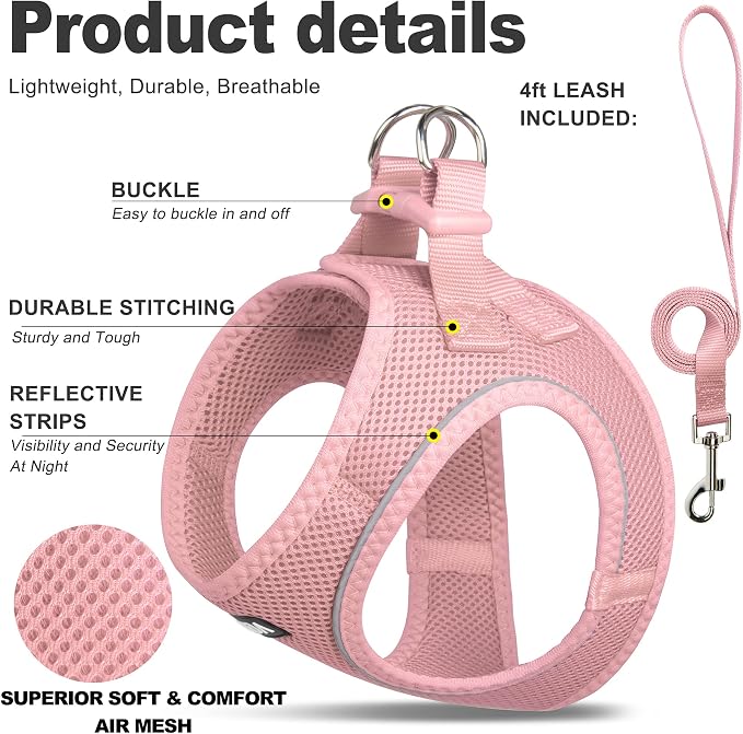 Fida Comfy Dog Harness with Leash, Soft Puppy Vest Escape Proof, Breathable Lightweight Soft Mesh, Adjustable Reflective Step-in Harness for Small & Medium Pet Walking (M, Pink)
