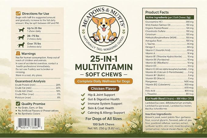 MEADOWS & MUTTS 25-in-1 Multivitamin for Dogs, 100 Soft Chews – Daily Dog Vitamins with Glucosamine, MSM, Omega-3 and Probiotics for Joint, Gut, Skin & Coat and Immune Support