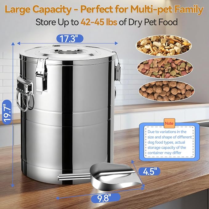 Newget 45 lb Stainless Steel Dog Food Storage Container with Scoop, 45 lb, Stainless Steel, Stainless Steel