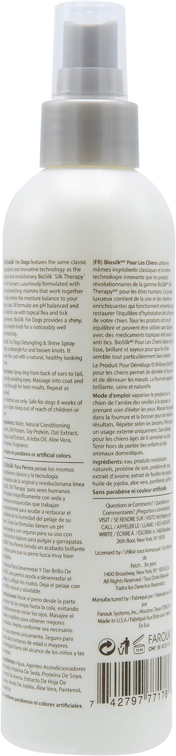 BioSilk for Dogs Silk Therapy Detangling and Shine Spray, 8 Fl Oz, 2-Pack | pH-balanced, paraben-free leave-in mist with silk and vitamins, dematting spray for all coats and breeds