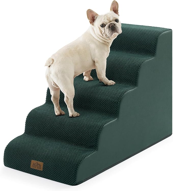 COZY KISS Wide Dog Stairs for Small Dog 22.6" H, Curved Pet Step for Puppy, Older Cat, Curved Ramp for High Bed or Car, Ladder with High Density Foam, Durable, 5 Step, 17.7x33x22.6 inch, Dark Green