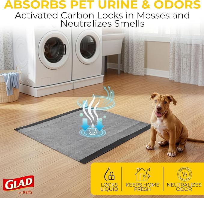 Glad for Pets Black Charcoal Puppy Pads - Super Absorbent Disposable Dog Pee Pads, Potty Training Pads, and Pet Supplies - Dog Pee Pads for Crate Training and Indoor Use 23" x 23" - 30 Count