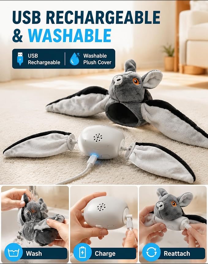 Wild Paws Flying Bat Dog Toy,Wild Whisker Flying Bat with Pet Hair Removal Glove, Rechargeable Motion Activated Dog & Cat Toy for Indoor Outdoor Play
