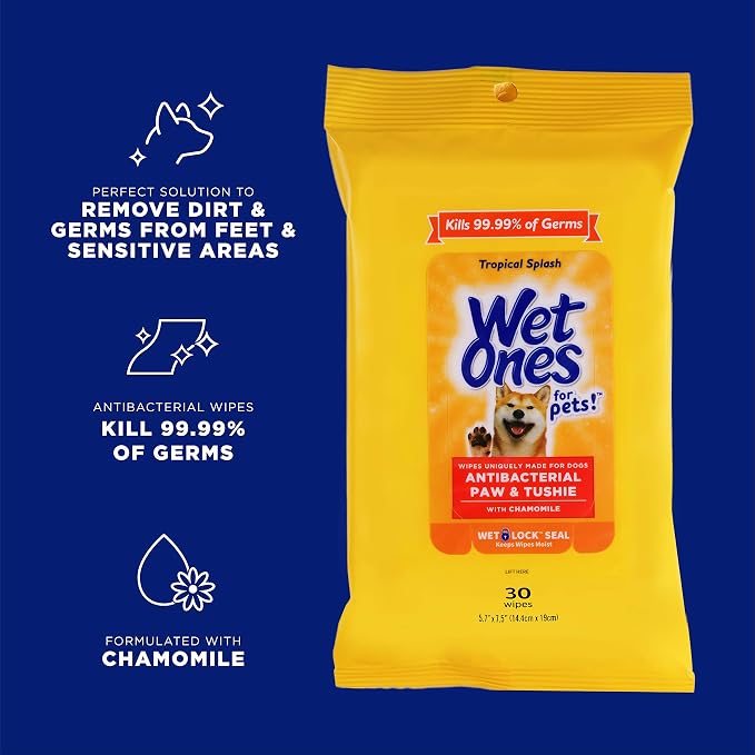 Wet Ones for Pets Paw and Tushie Grooming Wipes, Wet Lock Seal, 30 Count - 8 Pack