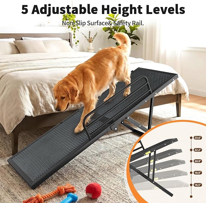 Dog Ramp for Bed, 5-Level Adjustable Pet Ramp with Side Safety Rails, 13.4"–18.3" Height Adjustable Foldable Ramp for Small to Large Dogs