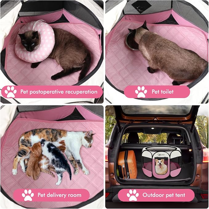 Siedihit Dog Cat Playpen, Puppy Pet Playpen Indoor for Dog Crate Tent Cage Outdoor, Portable Pop Up Dogs Enclosure Kennel with Carrying Case for Dogs/Cats/Rabbits (Pink with Pad, Medium)