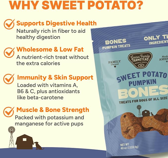 Gaines Family Farmstead Pumpkin & Sweet Potato Dog Bones – 6 oz Bag, Natural, Grain-Free Dog Treats for Digestive Health & Immunity – High-Fiber, Vitamin-Rich Chews, Made in USA