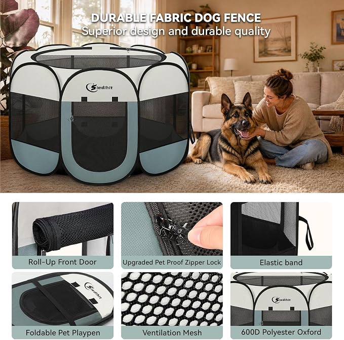 Siedihit Playpen for Extra Large Dog Cat, Dogs Tent Crate Cage Indoor/Outdoor, Portable Pop Up Dog Kennel with Carrying Bag for Rabbits, Removable Top (Grey, Extra Large)
