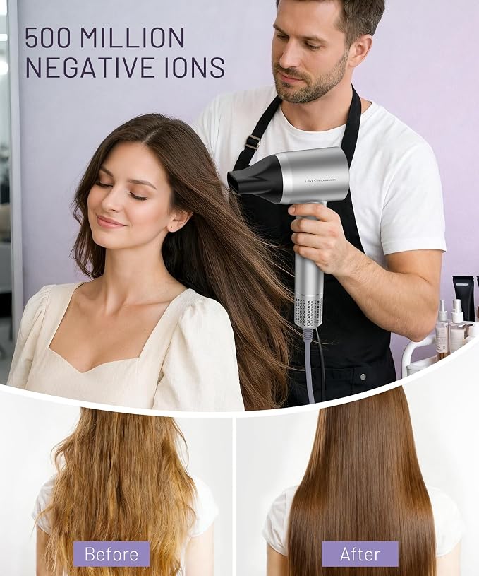 Cosy Companions High-Speed Ionic Hair Dryer, 150000 RPM Brushless Motor for 2-5Min Fast Drying, Low Noise Blow Dryer Reduces Frizz & Heat Damage, Lightweight Hair Dryer with Diffuser & Nozzle, Silvery