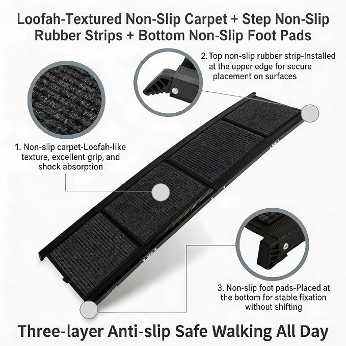 65 Inch Folding Dog Ramp, Anti-Slip Portable Pet Ramp, Aluminum Frame 250LBS Capacity, 4-Fold Lightweight Dog Ramp for Cars SUV & Home, Joint Protection for Senior & Large Dogs