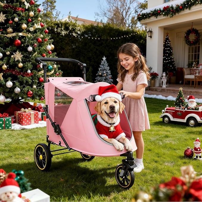 MoNiBloom 3-Wheel Pet Stroller for Large Dogs - Pink, up to 55lbs, Dual Entry