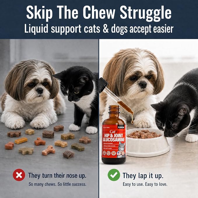 Furrow Liquid Glucosamine for Cats and Small Dogs — Hip & Joint Supplement with MSM, Chondroitin, Taurine & Hyaluronic Acid, Chicken Gravy Flavor — Joint Support for Pets Under 22 lbs