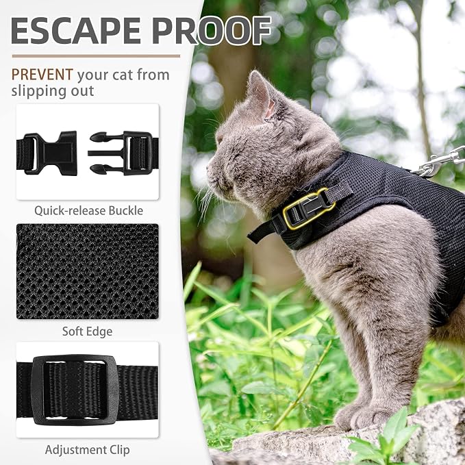PUPTECK Soft Mesh Cat Vest Harness and Leash Set Puppy Padded Pet Harnesses Escape Proof for Cats Small Dogs Rabbits Bunny(Small, Black)