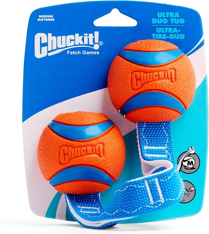 Chuckit! Ultra Duo Tug Dog Toy, Medium 2.5in, Orange and Blue, 20-60lbs | Two Ultra Balls on a Durable Nylon Cord Handle for Fetch and Tug-of-War Play; Made for Breeds 20-60 lbs, in Orange and Blue
