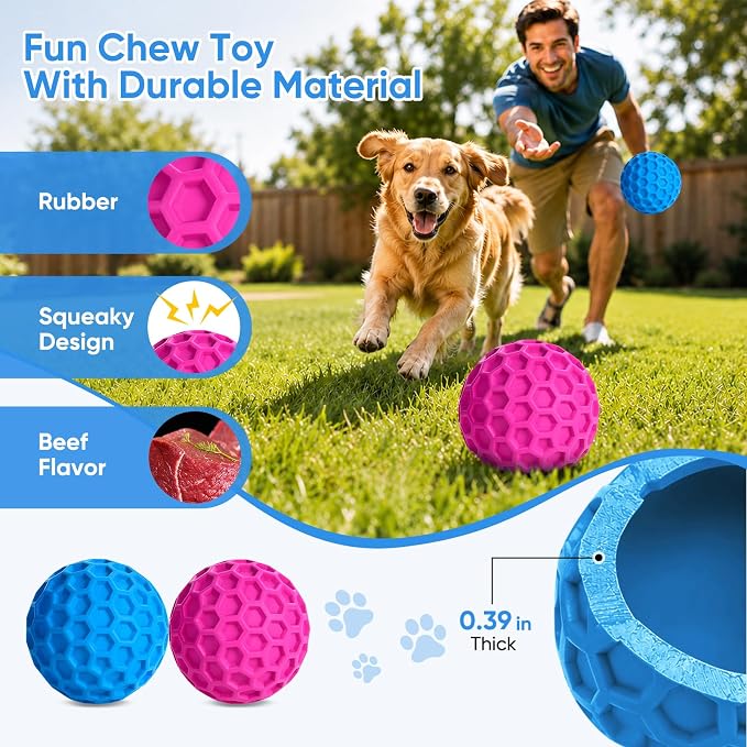 Squeaky Dog Balls Toy 2 Pack, Interactive Dog Toys for Aggressive Chewers, Squeaky Dogs Chew Toy for Medium Large Dogs, Durable Outdoor Dog Puzzle Birthday Toys for Fetch, Chase, and Chew Play